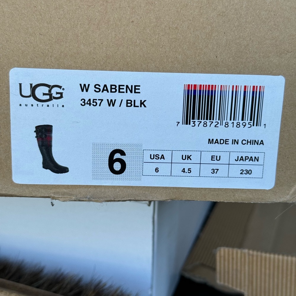 UGG Australia Black Rainboot with plaid upper